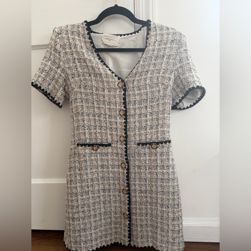 Pomander Place Cream and Black Tweed Short Sleeve Dress